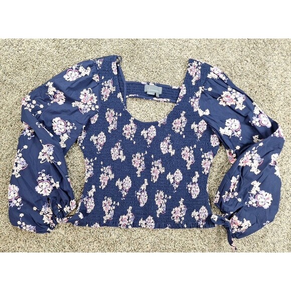 Anthropologie Top Cotton Blue Floral Smocked Cut Out Classic Tank Sz Medium - Picture 3 of 8